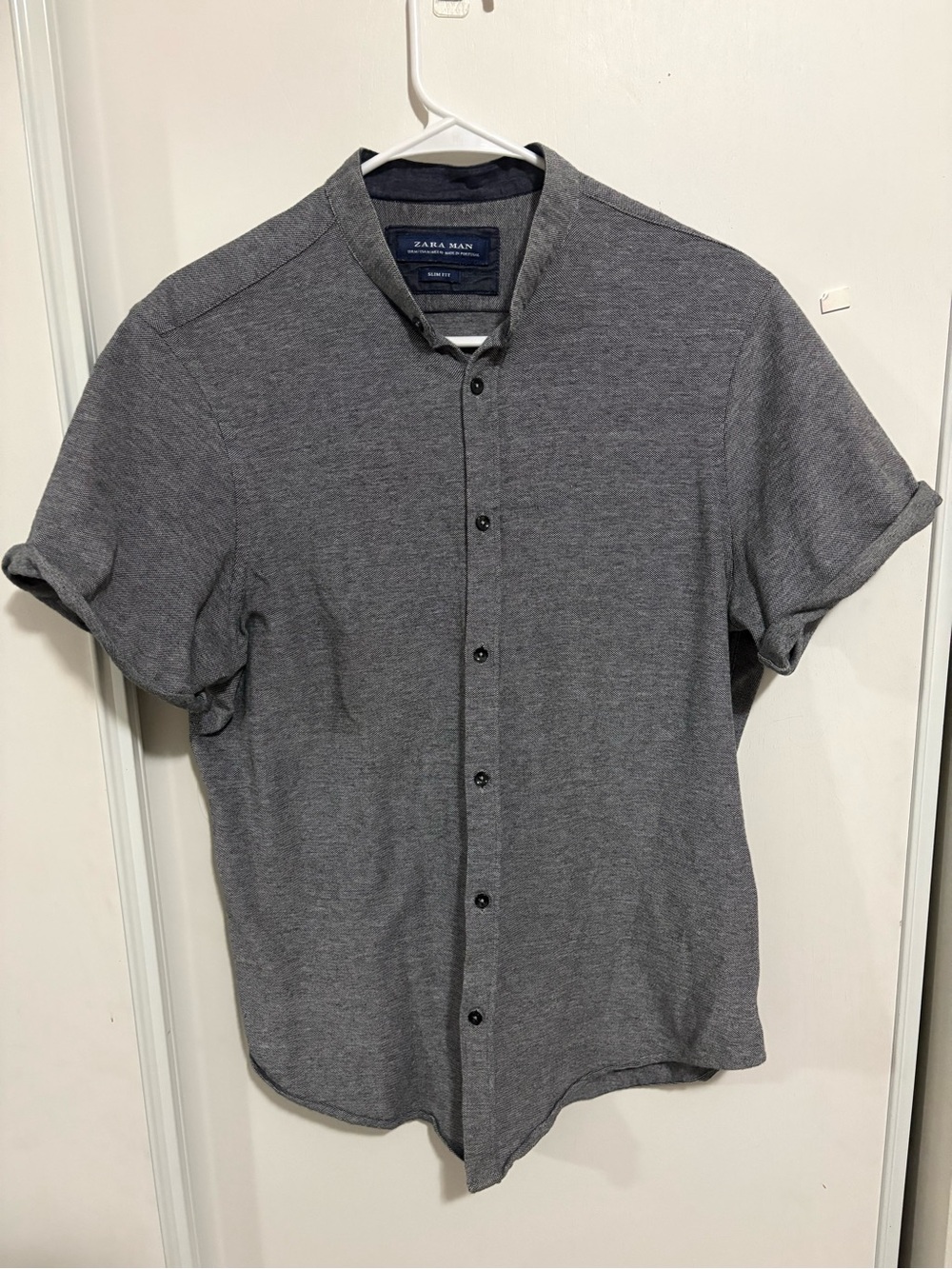 Zara Man Shirt Mens Medium Gray Band Stand Collar Slim Fit‎ Short Sleeve